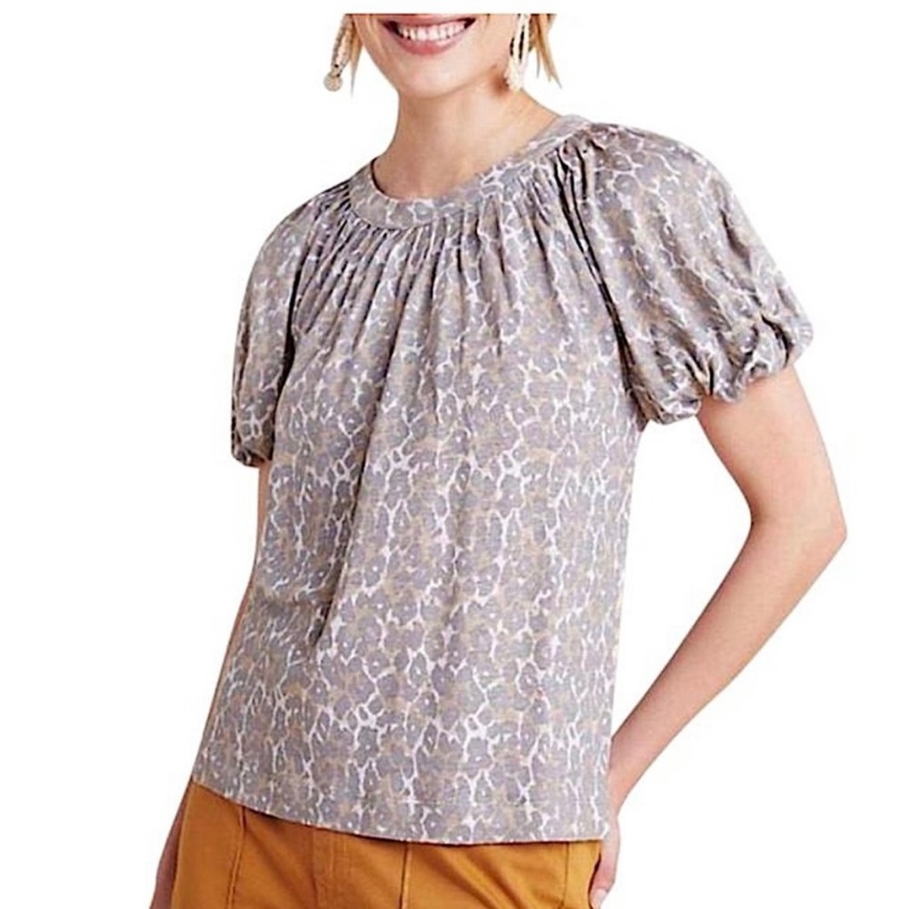 Anthropologie Maeve Animal Print Linen Puff Sleeve Top‎ S